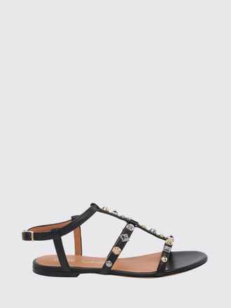 Via Roma 15 Flat T-Strap Smooth Calfskin Leather Sandals with Stud Application