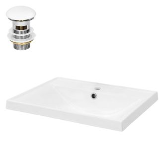 ML Design Lavabo blanco de cer&aacute;mica con juego de drenaje con reborsadero