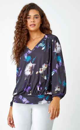 Roman Floral Print V-Neck Blouson Stretch Top