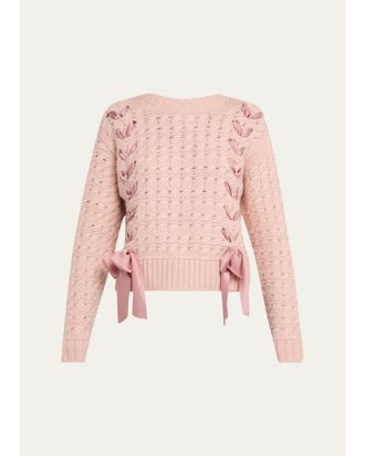 LoveShackFancy Quimby Ribbon Lace-Up Pullover Sweater