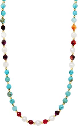 Savvy Cie Jewels GOLD PLATED OVER BRASS FRESH WATER PEARL-RED AGATE AND TURQUOISE NECKLACE