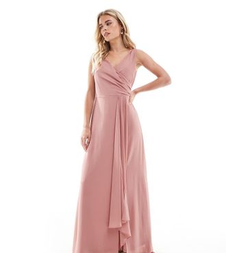 Tfnc Petite Bridesmaid chiffon wrap front maxi dress with wrap skirt in dusky pink
