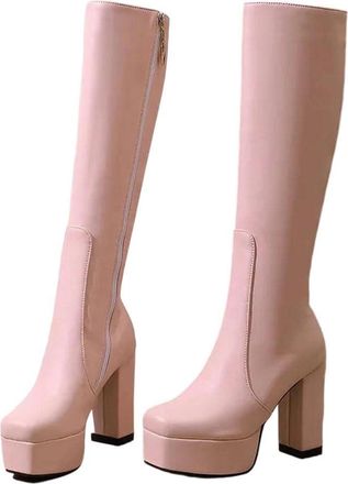 Generic Women Knee High Pu Leather Boots Square Toe Thick Heel Elegant Casual Winter Boot