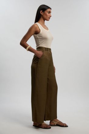 Karen Millen Womens Premium Viscose Linen Woven Straight Leg Trouser - Khaki - Size 16 UK