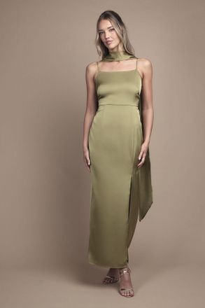 Oasis Womens Strappy Satin Maxi Bridesmaid Dress with Scarf - Green - Size 10 UK