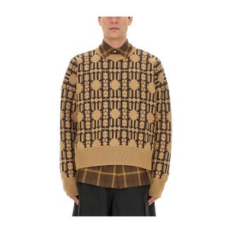 Palm Angels Round-neck Knitwear, male, Beige, Size: L Cotton Jacquard Knitwear Sweater
