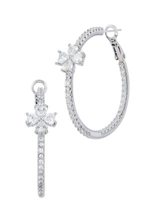 Savvy Cie Jewels RHODIUM PLATED HOOP WITH CZ FLOWER STATION EARRING