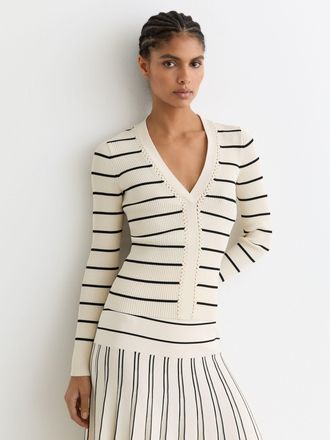 Reiss Stripe Craft-stitch Rib-knit Top, XS