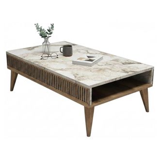 Dmora Dmora - Mesa De Caf&eacute; Capricorn, Mesa De Centro Baja, Revistero Para Sof&aacute;, Estante De La Sala De Estar, 105x60h35 Cm, Nogal Y Blanco, Con Embalaje Refo