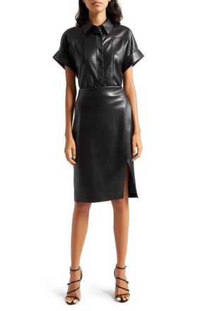Alice & Olivia Edyth Faux Leather Snap-Up Shirt in Black at Nordstrom, Size X-Small