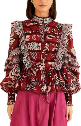 Farm Rio Pineapple Inspiration Burgundy Ruffled Blouse