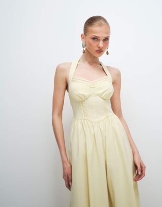 New Look Vestito midi allacciato al collo in bengalina giallo