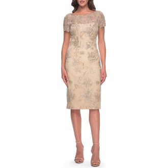 La Femme Beaded Short Evening Dress with Illusion Neckline in Champagne at Nordstrom, Size 10