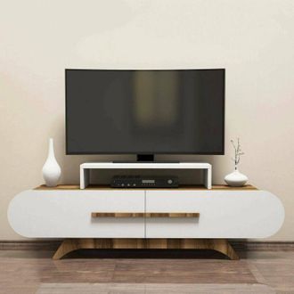 Dmora Dmora - Mueble de televisión Dubh, Aparador de salón, Mueble bajo para tv, Base de pared equipada, 145x37h50 cm, Nogal y Blanco, con embalaje