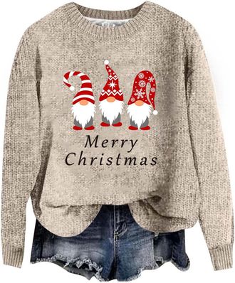 Generic Xmas Jumpers for Women UK Christmas Fashion 3D Print Womens Knitted Jumpers Long Sleeves Ladies Xmas Sweaters Winter Warm Fleece Pullover Sweaters Com