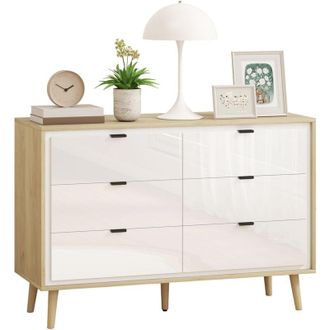 HOMCOM cómoda 6 cajones, cómoda dormitorio con patas de madera, cajonera para salón, oficina, estilo moderno, 110x40x75 cm, blanco brillo y roble