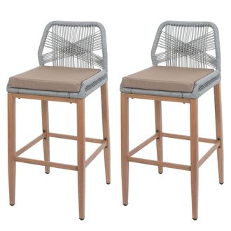 Hhg Hhg - Juego De 2 Taburetes De Bar De Cuerda 982, Asiento De Exterior De Cuerda De Metal Imitaci&oacute;n Madera, Gris Claro, Coj&iacute;n Topo