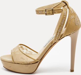 Jimmy Choo London Beige Lace And Patent Kayden Ankle Strap Sandals
