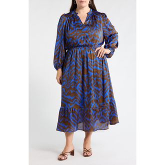 Sugarlips Krista Abrstract Fabiola Long Sleeve Satin Midi Dress in Brown/Blue Multi at Nordstrom, Size 3 X