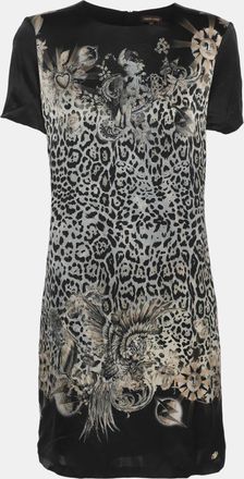 Roberto Cavalli Black Multicolor Printed Satin Mini Dress