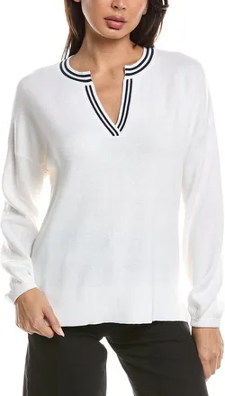 Fort&eacute; Cashmere Gathered Sleeve Split Neck Cashmere-Blend Sweater