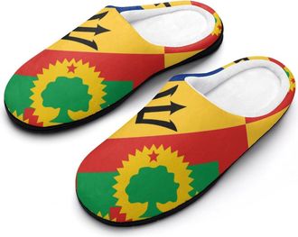 Generic Barbados & Oromo Liberation Flag Funny Mens Cotton Slippers Soft Non-Slip Rubber Sole House Slipper Indoor Outdoor