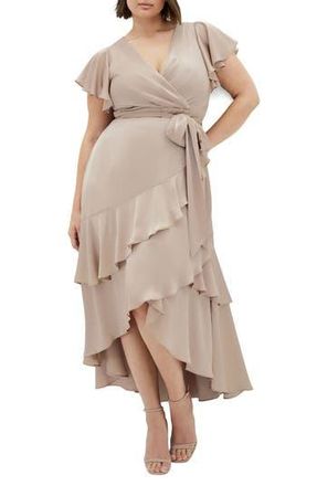 City Chic Jen Ruffle Faux Wrap Satin Dress in Simply Taupe at Nordstrom Rack, Size 16W