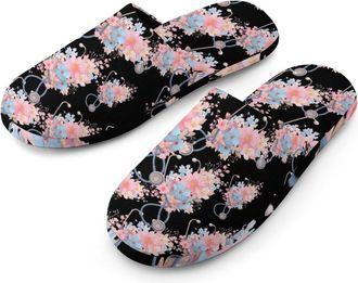Generic Stethoscope Flowers Mens Cozy Memory Foam Slippers Warm Cotton House Shoes Comfy Slipper for Indoor Outdoor