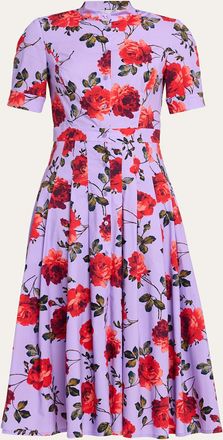 Carolina Herrera Carnation-Print Short-Sleeve Pleated Midi Shirtdress