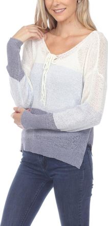 Rain + Rose Stripe V-Neck Long Sleeve Openwork Knit Top in Grey at Nordstrom Rack, Size X-Large