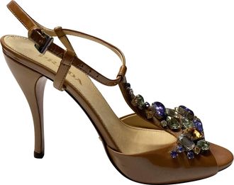 Prada Pre-owned Womens Crystal Embellished Ankle Strap Sandals in Beige Patent Leather Calf Leather - Size EU 37