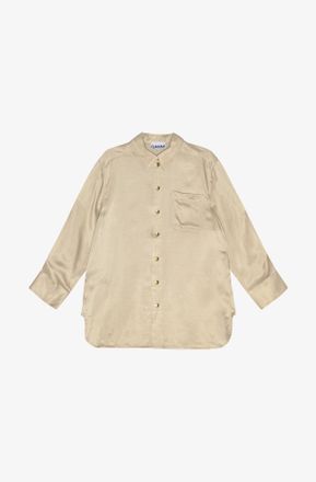 Ganni Brown Beige Washed Satin Shirt - Size 10/12 LENZING&acirc;&cent; ECOVERO&acirc;&cent;