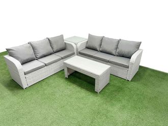 Fimous Outdoor Garden Furniture Sets 6 Seater Wicker Rattan Furniture Sofa Sets with Oblong Coffee Table high Back Lounge Sofa Side Table Light Grey