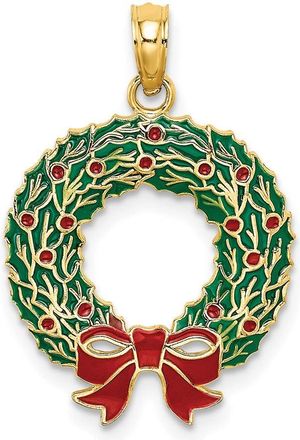 Diamond2Deal 14k Yellow Gold Enameled Christmas Wreath Charm Pendant