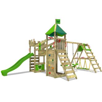 Fatmoose Parque Infantil De Madera Riverrun Con Columpio Surfswing Y Tobog&aacute;n Casa De Juegos De Jard&iacute;n Con Arenero Y Escalera Para Ni&ntilde;os - Verde Manzana - Fatmo