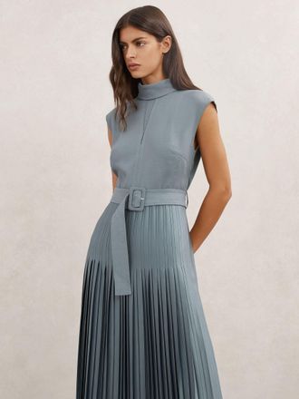 Reiss Blue Roll-neck Belted Pleated Midi Dress, 18