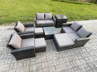 Fimous Outdoor Garden Furniture Sets 9 Pieces Wicker Rattan Furniture Manual Wicker Patio Sofa Set with 3 Footstools Side Table in Dark Grey