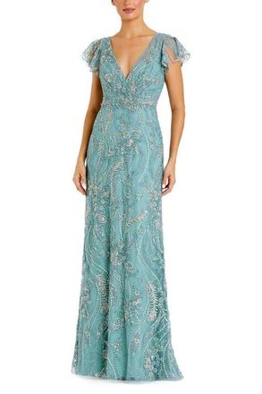 Mac Duggal V Neck Flutter Sleeve Floral Embroidered Gown in Seafoam at Nordstrom, Size 16