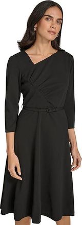 Calvin Klein Scuba Crepe Asym Rouched Neck Midi With Belt Womens Dress Black : 10, Polyester/Spandex