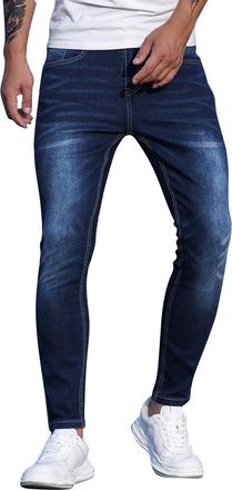 Generic Skinny Jeans Men Stretch Washed Denim Jeans Tapered Leg Trouser, Blue, XL
