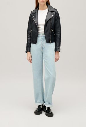 Claudie Pierlot Veste en cuir lisse bleu marine