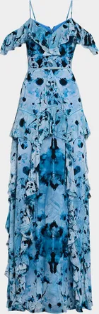 Marchesa Cold-Shoulder Ruffle Chiffon Gown