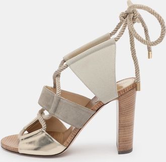 Jimmy Choo London Grey/gold Canvas And Leather Henni Cut Out Sandals