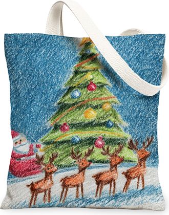 Generic Christmas Reindeer Canvas Tote Bags, Holiday Tree Design Reusable Grocery Bags, Winter Vintage Lightweight Washable Shoulde, Blue, 13x15 Inch