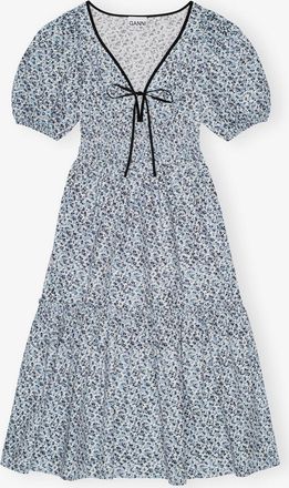Ganni Blue Floral Printed Cotton Long Smock Dress - Size 8/10 Organic