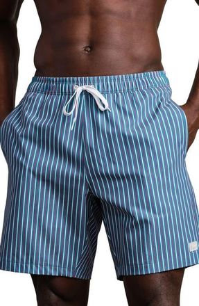 Rhone R & R Striped Swim Trunks in Ash Blue/white/cabana Red at Nordstrom, Size Xx-Large