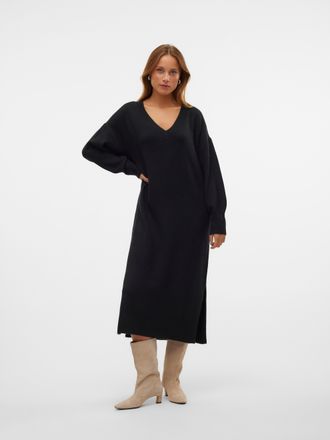 Vero Moda Strickkleid VERO MODA VMJUPITER LS V-NECK CALF DRESS BF, Damen, Gr. XS, N-Gr, schwarz, Feinstrick, Obermaterial: 75% Polyacryl, 22% Polyester, 3% Elas