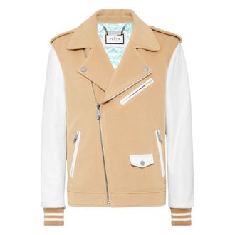 Philipp Plein Jassen, Heren, Beige, 2Xl, Wol, Wool and Leather Biker