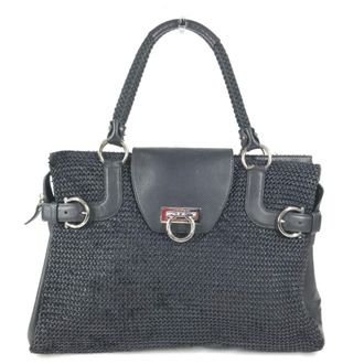 Ferragamo Black Straw Leather Shoulder Bag Tote Bag (Pre-Owned)