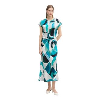 Joseph Ribkoff Kleedjes, Dames, Veelkleurig, 2Xl, Leer, Textured Satin Geometric Print Fit and Flare Jurk